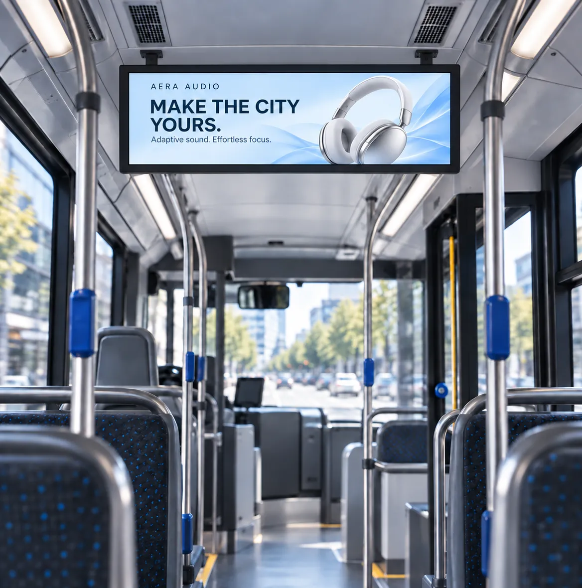 Écran au-dessus de l’allée d’un bus urbain affichant une publicité pour un casque audio