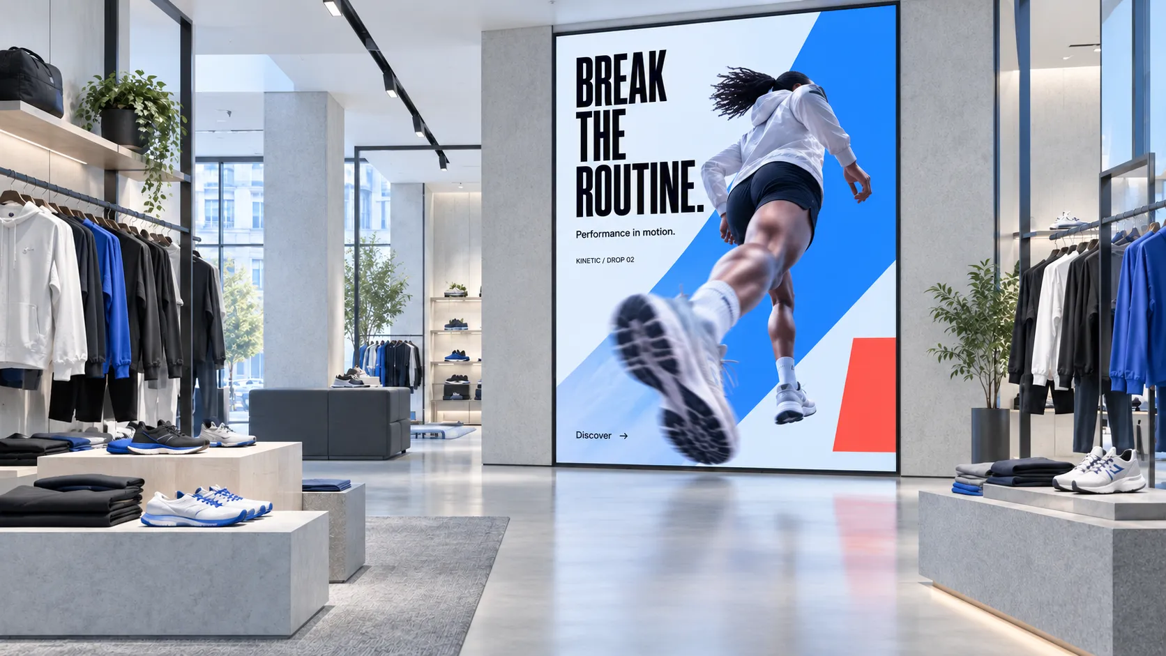 Boutique de vêtements avec un grand écran promotionnel