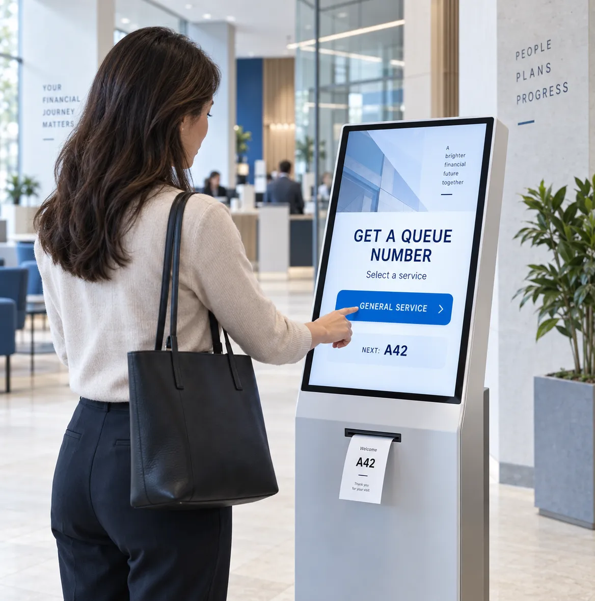 Femme prenant un ticket de file d’attente sur une borne tactile dans le hall d’un bureau