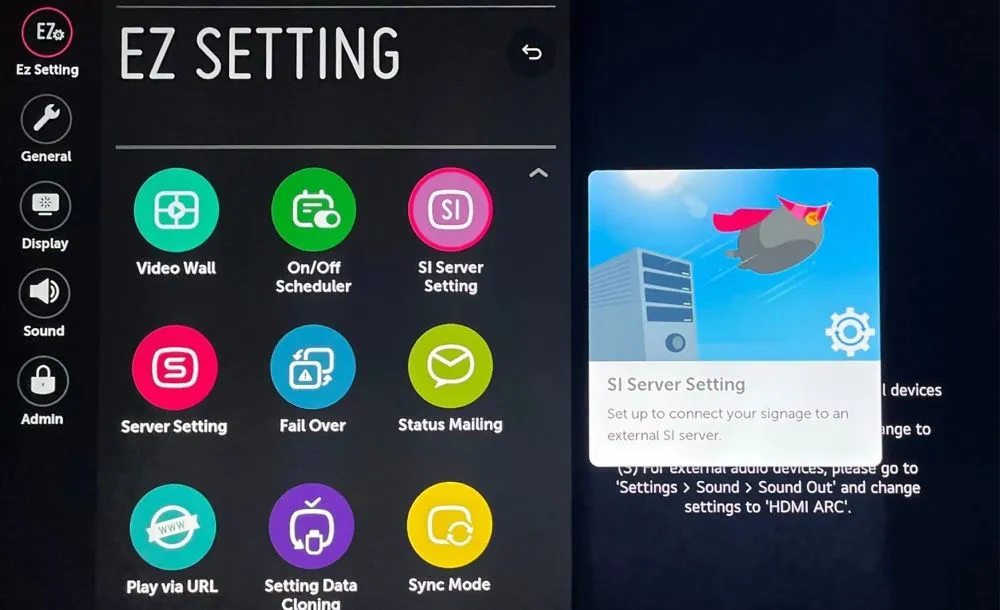 Menu SI Server Setting sur une TV LG webOS Signage