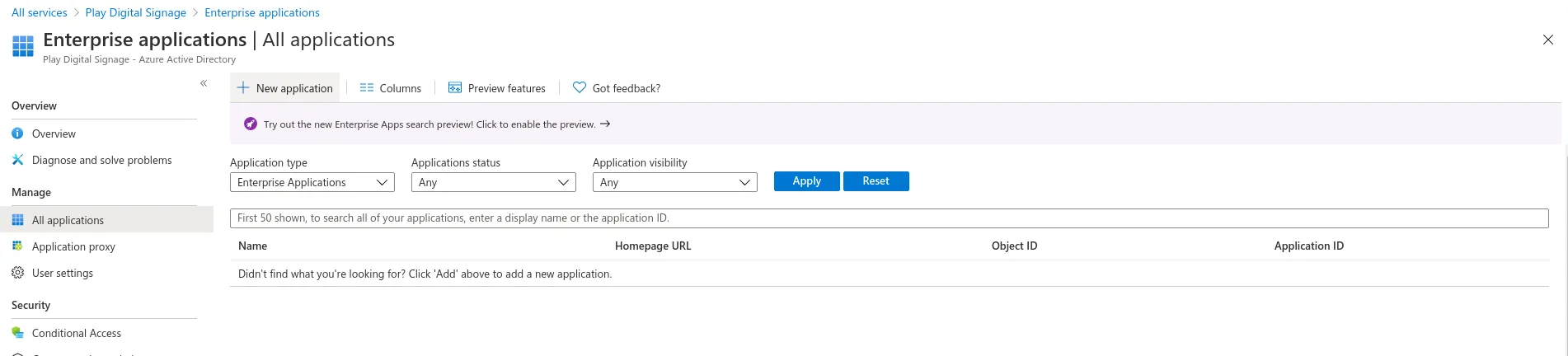 Page Applications d’entreprise dans Microsoft Entra, avec le bouton Nouvelle application