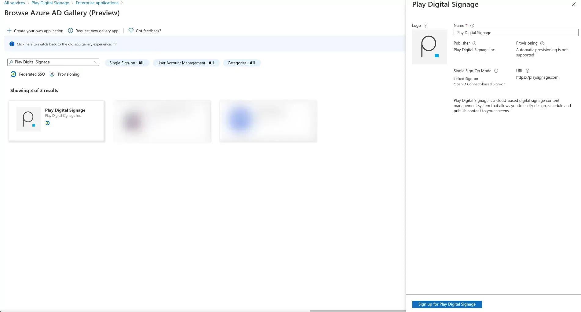 Recherche de Play Digital Signage dans la galerie d’applications Entra ID