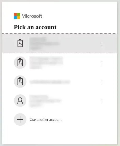 Sélecteur de compte Microsoft pour choisir un compte professionnel