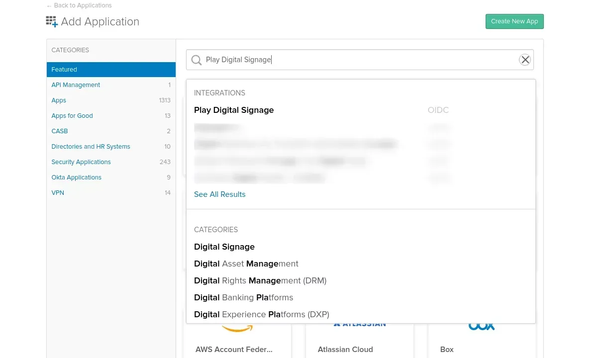 Recherche de Play Digital Signage dans le réseau d’intégrations Okta