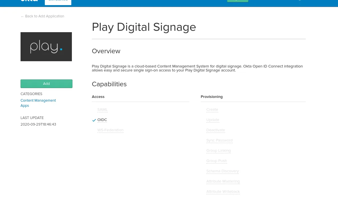 Ajout de Play Digital Signage à une organisation Okta