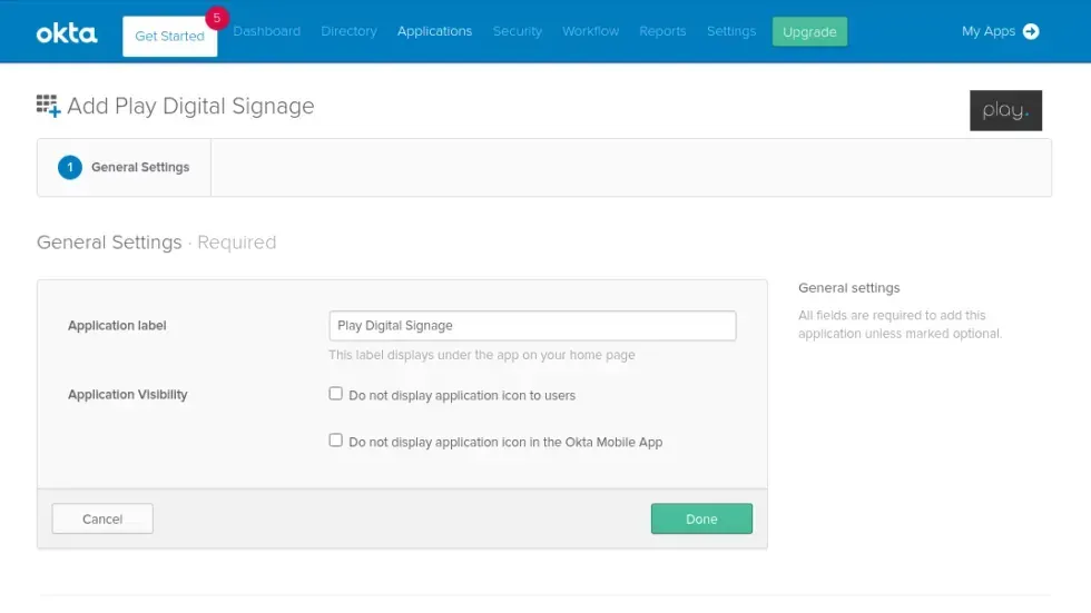 Paramètres de l’application Okta, champ du nom et bouton Done
