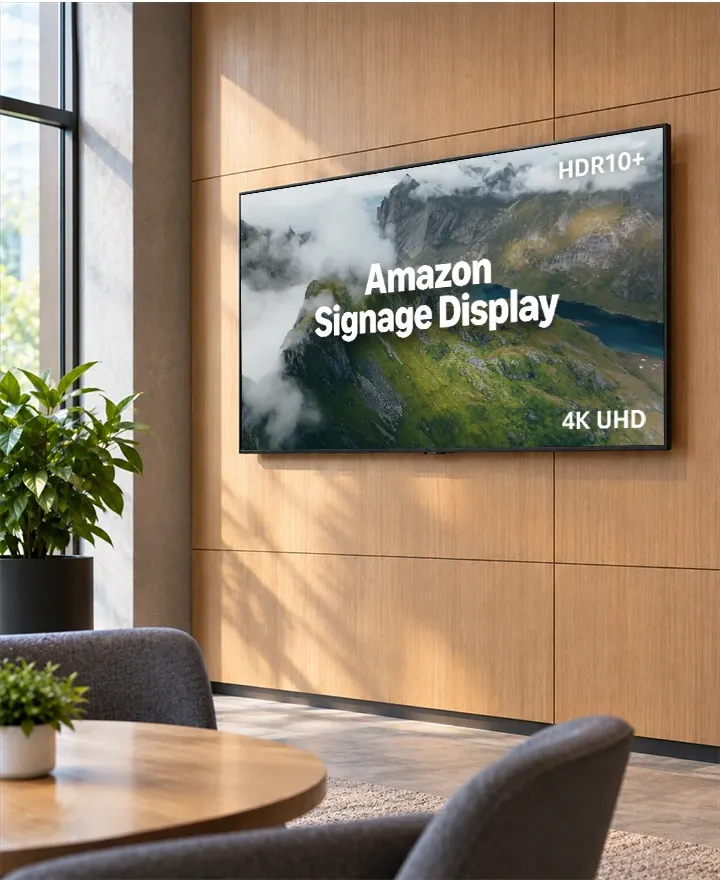Amazon Signage Display montrant un paysage de montagne dans un salon de bureau