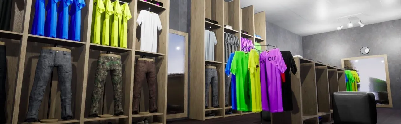 Boutique de vêtements avec des chemises colorées en présentation