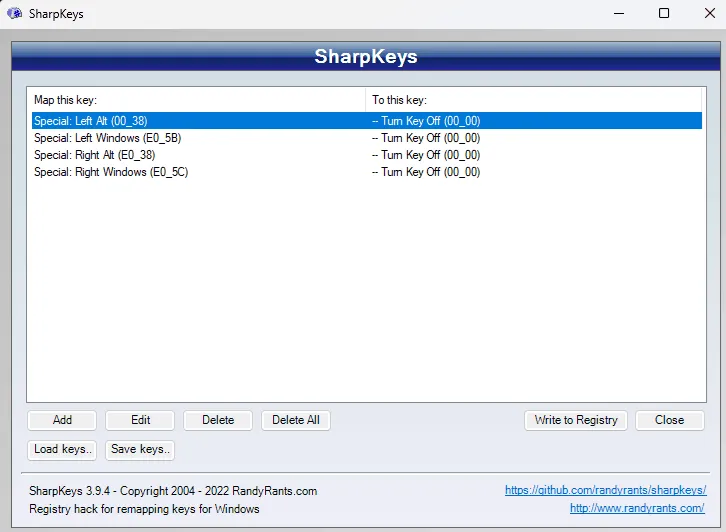 SharpKeys avec les touches Alt et Windows désactivées