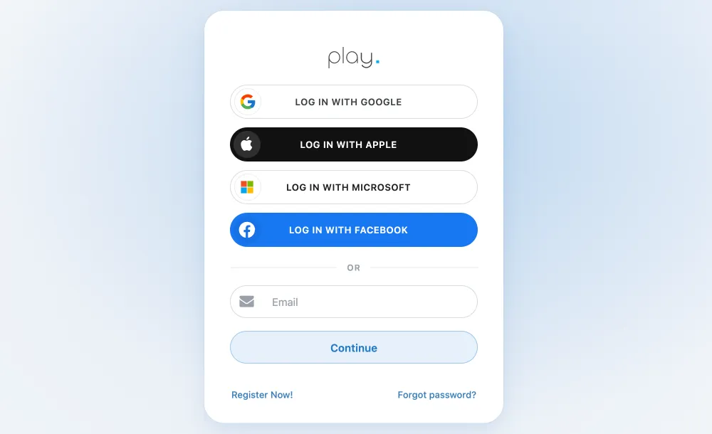 La page de connexion Play avec les options Google, Apple, Microsoft, Facebook et e-mail