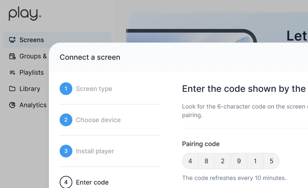 Saisie du code d’association à 6 chiffres dans la fenêtre de connexion d’un écran