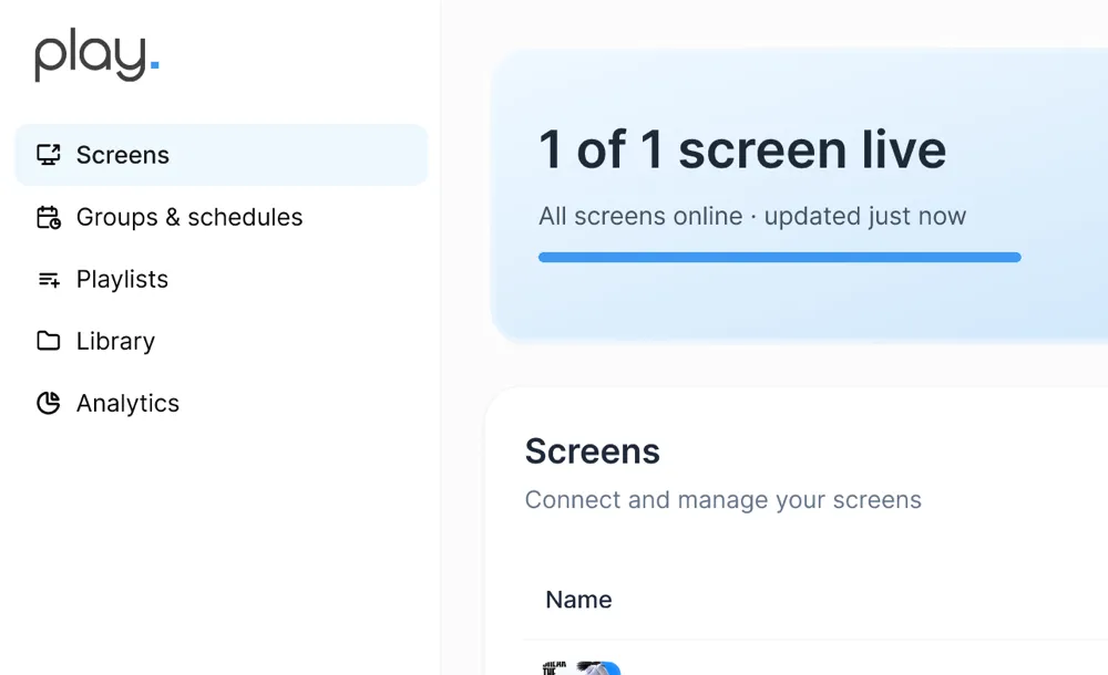 Le tableau de bord Play indiquant 1 écran sur 1 en ligne